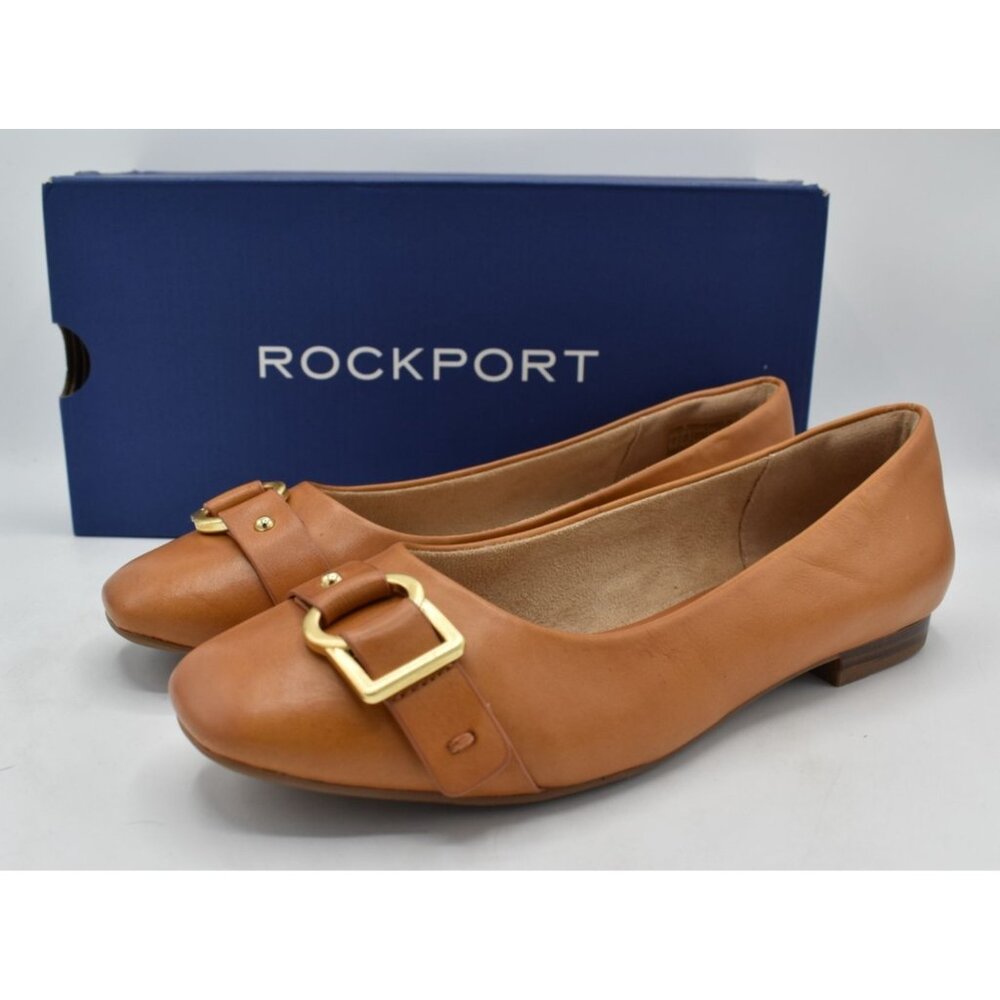 Rockport Womens 7 Zoie Ring Honey Leather Slip On Buckle Slip On Ballet Shoes